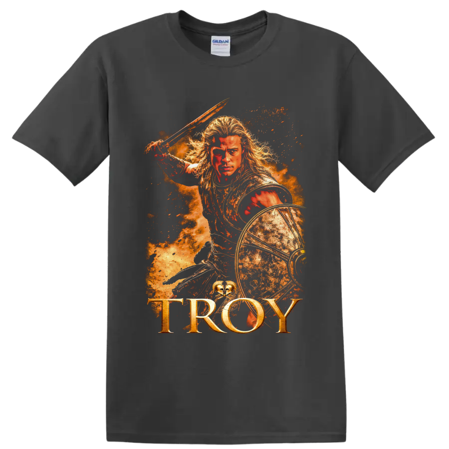 Achilles from Troy warrior with sword, round shield, fiery battle art, and TROY text on a Charcoal T Shirt