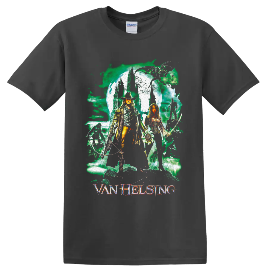 Gabriel Van Helsing and Anna Valerious gothic moonlit castle fantasy artwork on a Charcoal T Shirt