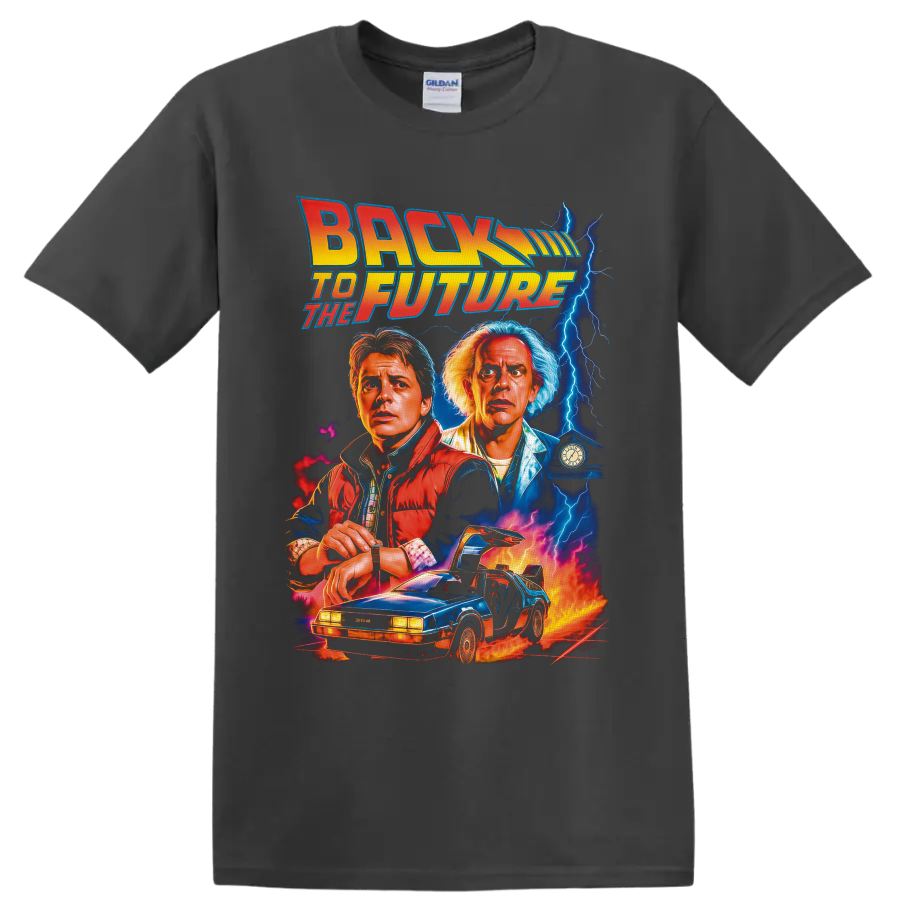 Back to the Future Marty McFly and Doc Brown lightning car graphic on a Charcoal T Shirt
