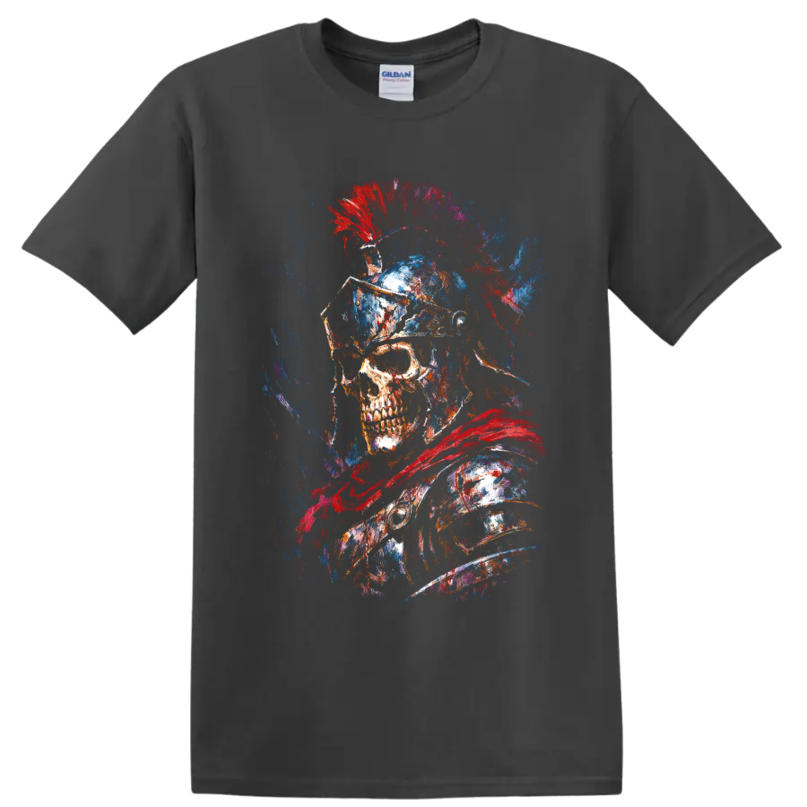 Roman gladiator skull warrior with crested helmet and red blue paint splatter art on a Charcoal T Shirt