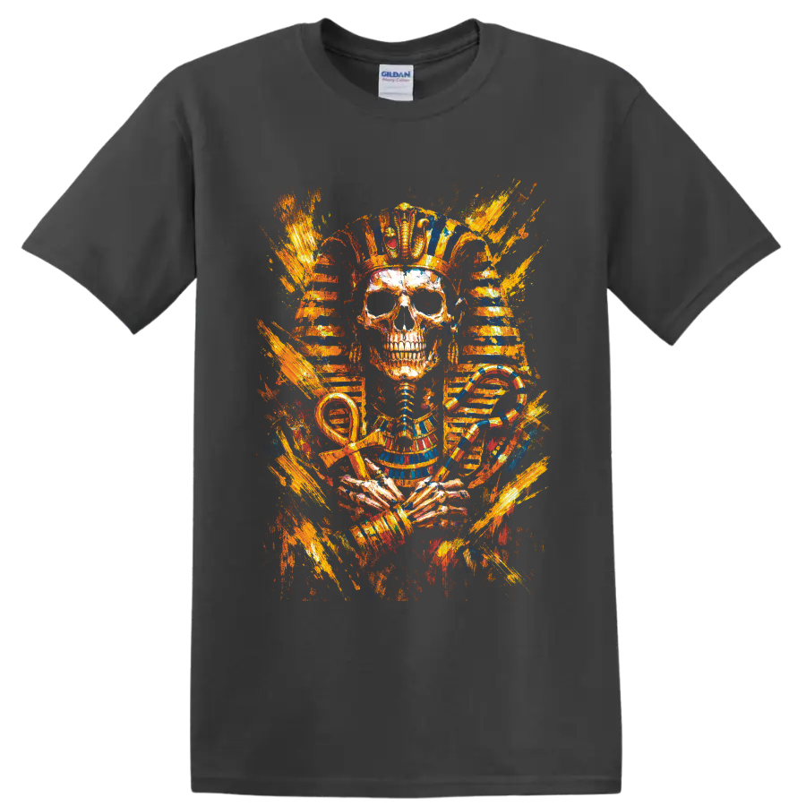 Egyptian pharaoh skull with cobra, ankh, striped headdress, and fiery painterly bursts on a Charcoal T Shirt