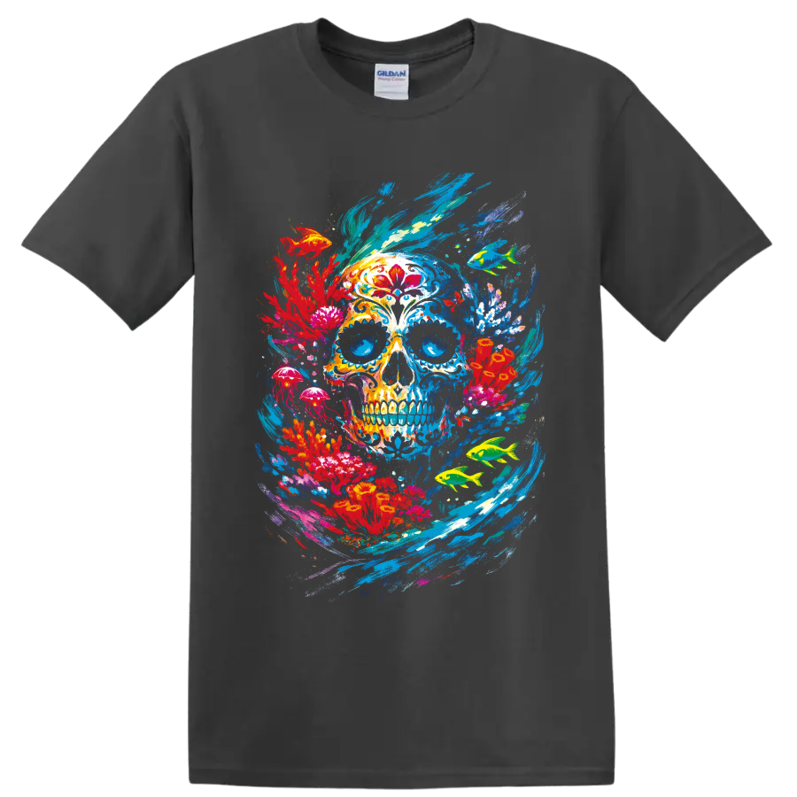 Colorful Day of the Dead-inspired skull with tropical fish, jellyfish, and ocean on a Charcoal T Shirt