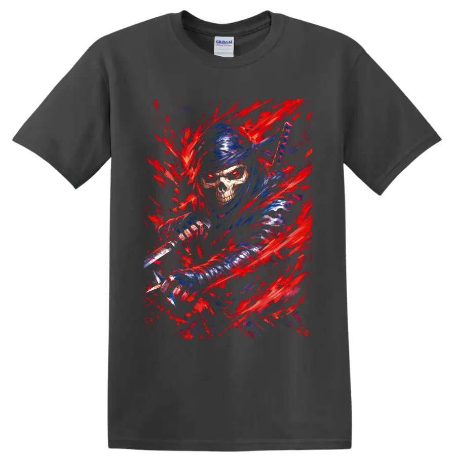 Blue-hooded skull warrior wielding a sword amid red brushstroke fantasy art on a Charcoal T Shirt