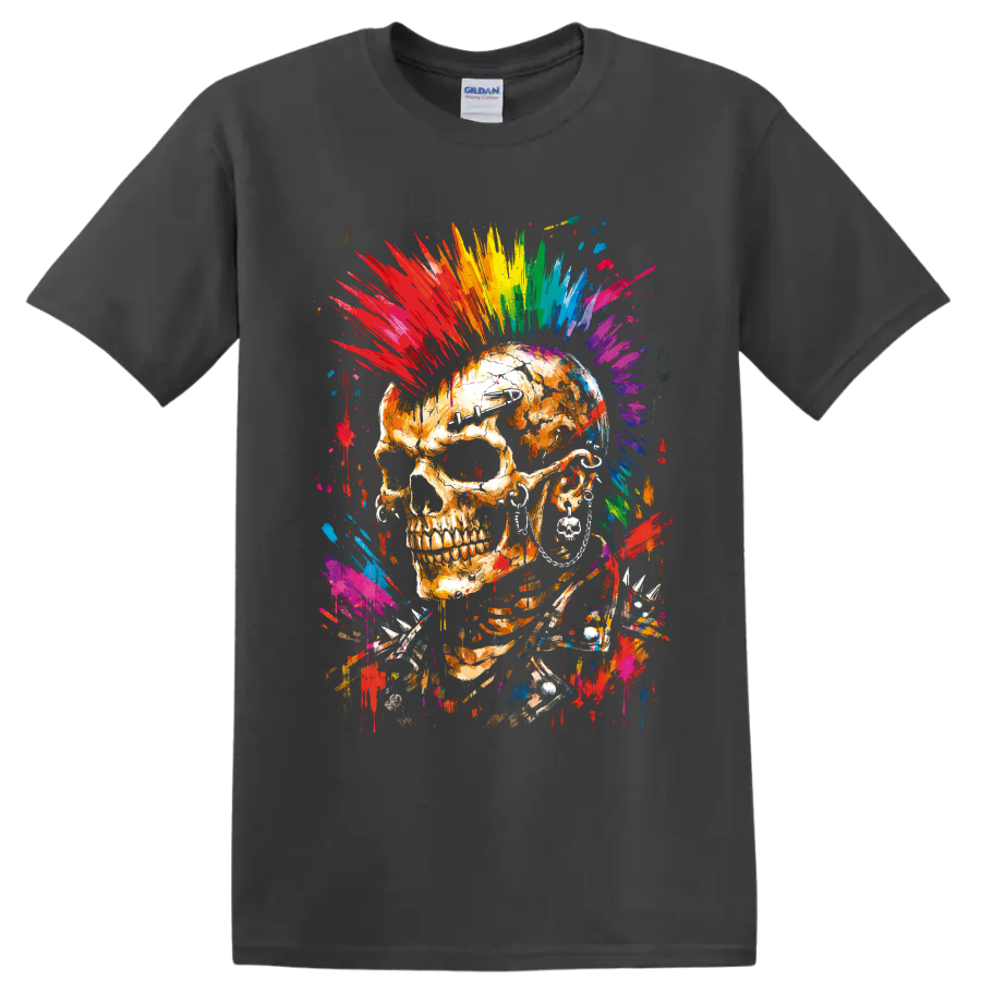 Punk rock skull with rainbow graffiti mohawk, dark eyewear, earrings, and spikes on a Charcoal T Shirt