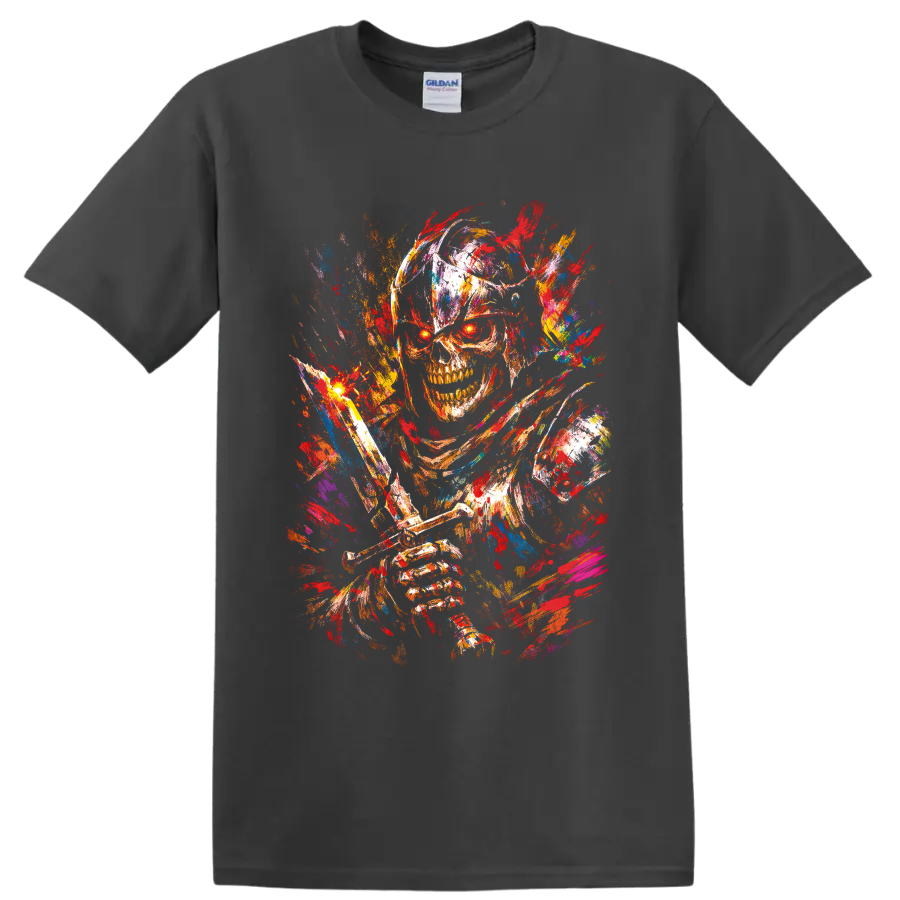 Colorful paint splatter skull and skeleton horror illustration on a Charcoal T Shirt