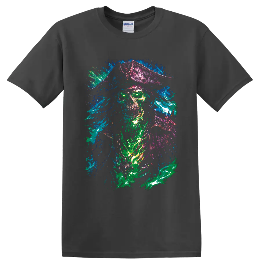 Neon undead pirate skull in a tricorn hat with glowing eyes and paint splashes on a Charcoal T Shirt