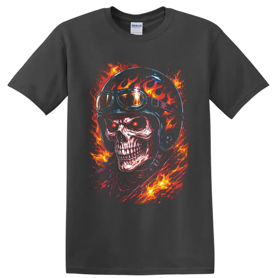 Flaming skull in motorcycle helmet and goggles with neon blue details and blazing fire on a Charcoal T Shirt