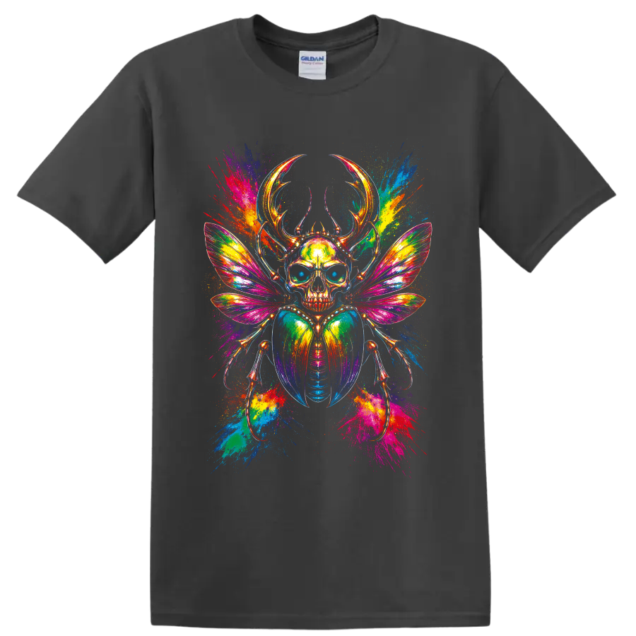 Psychedelic skull scarab beetle with rainbow wings and neon paint splatters on a Charcoal T Shirt