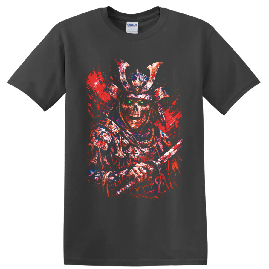 Distressed skeleton samurai warrior with horned helmet, katana, and glowing green eyes on a Charcoal T Shirt
