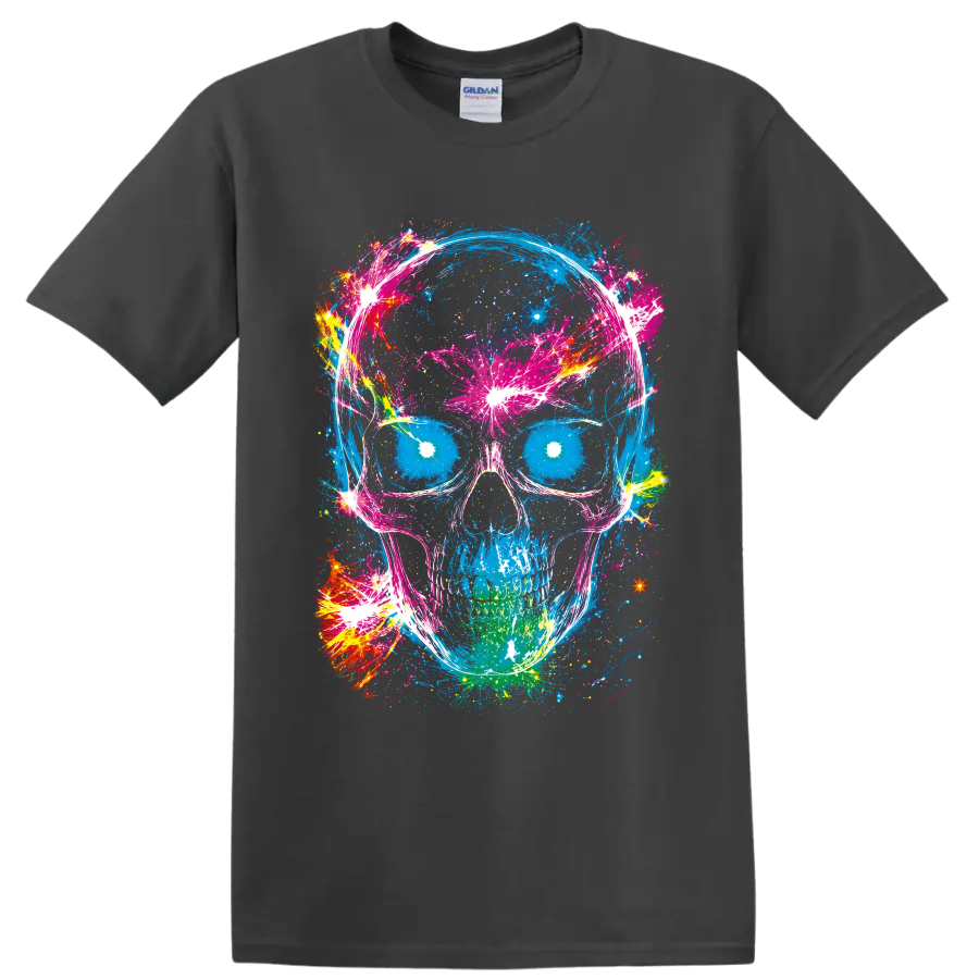 Neon blue skull with pink paint splatters, abstract brushstrokes, and bright bursts on a Charcoal T Shirt