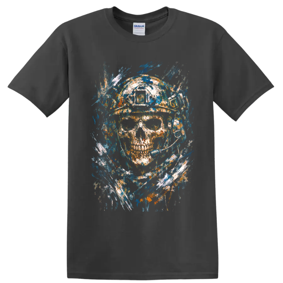 Distressed astronaut skull in a space helmet with blue and orange cosmic paint splashes on a Charcoal T Shirt