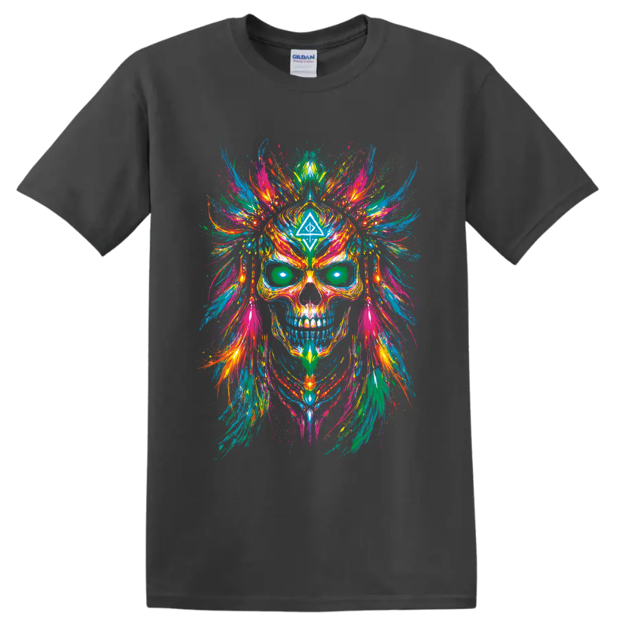 Psychedelic skull with colorful symmetrical paint splashes and geometric forehead symbol on a Charcoal T Shirt