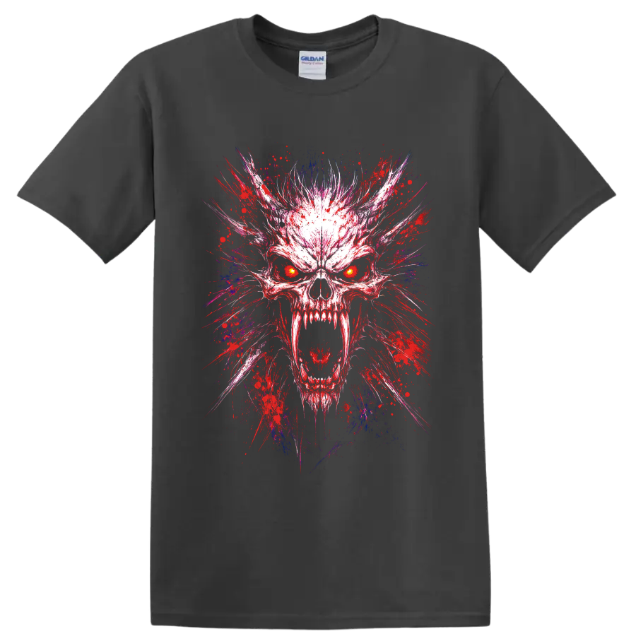Demon skull illustration with glowing eyes and red, blue, and purple paint splatter on a Charcoal T Shirt