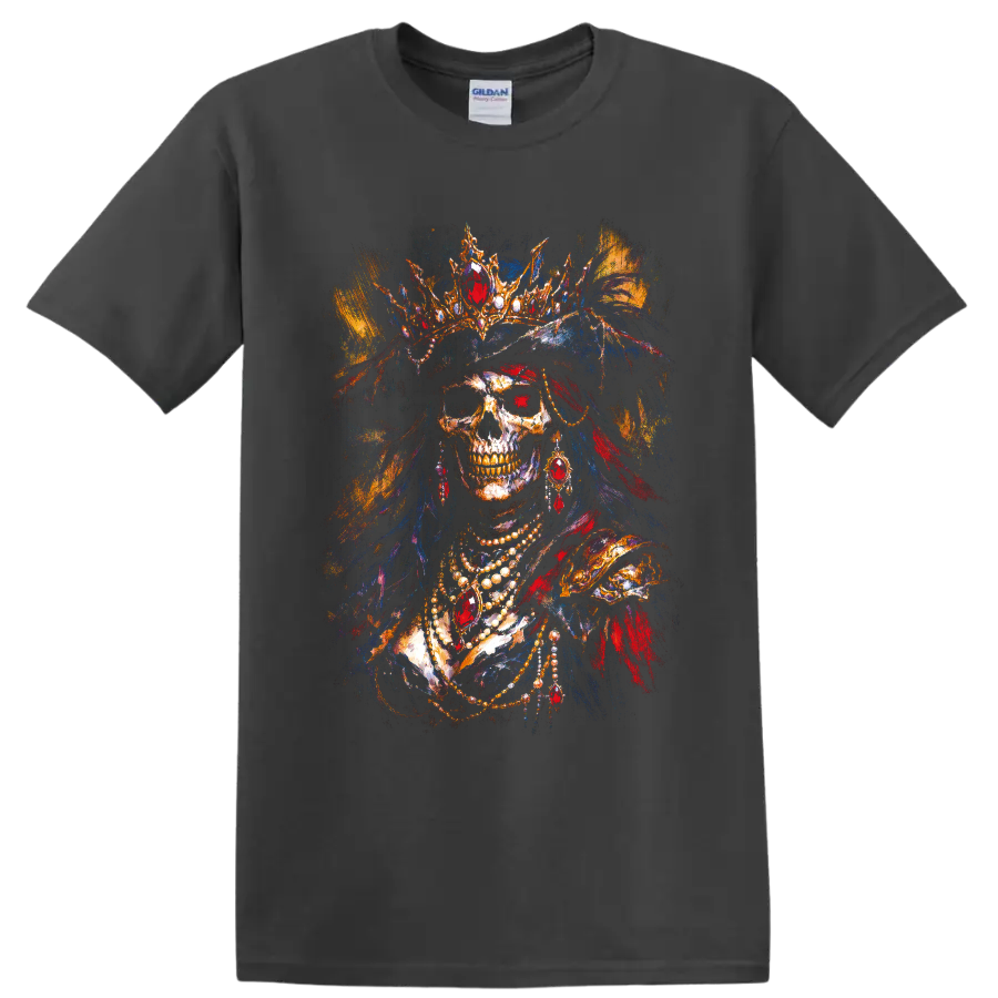 Gothic pirate queen skull portrait with jeweled crown, feathers, and necklaces on a Charcoal T Shirt