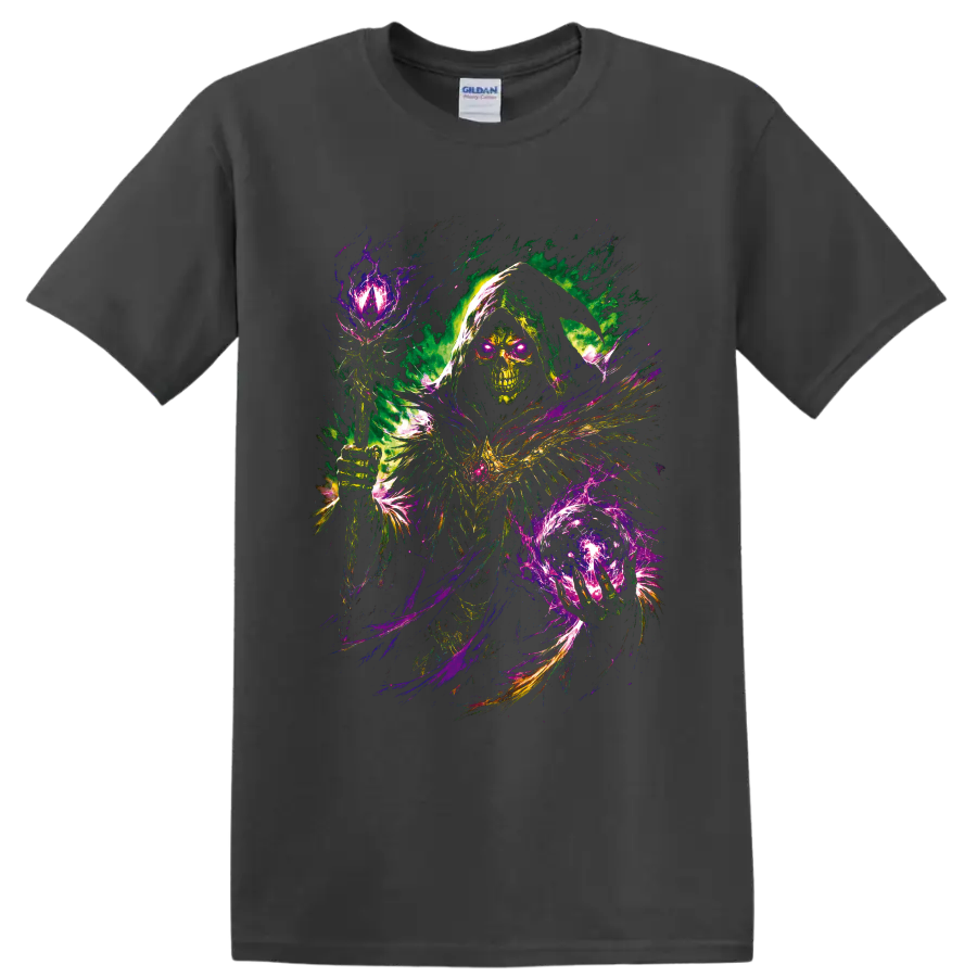 Neon Grim Reaper skull with glowing eyes and psychedelic magical energy on a Charcoal T Shirt