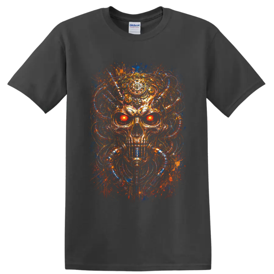 Cyberpunk mechanical skull with glowing eyes, tubes, and neon splatter art on a Charcoal T Shirt