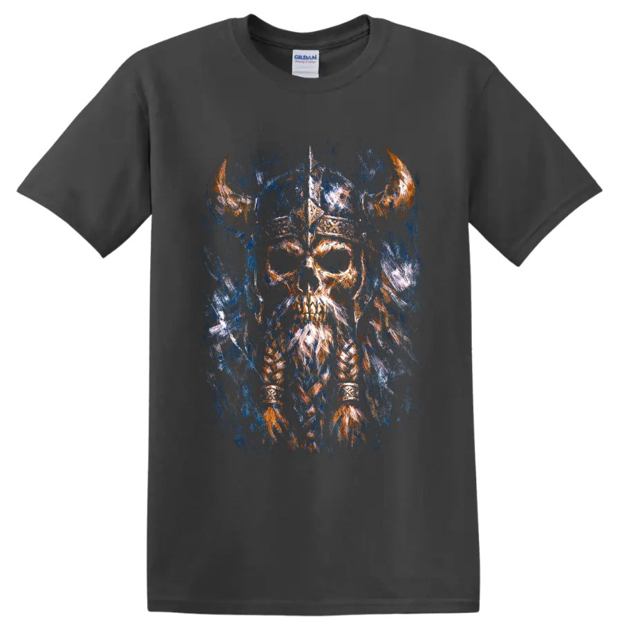 Painterly Viking-inspired skull warrior with horned helmet and braided beard on a Charcoal T Shirt