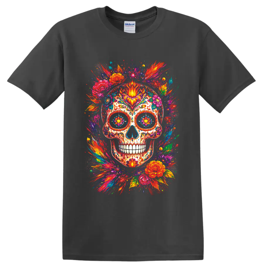 Colorful floral sugar skull illustration with vivid paint splashes and blossoms on a Charcoal T Shirt