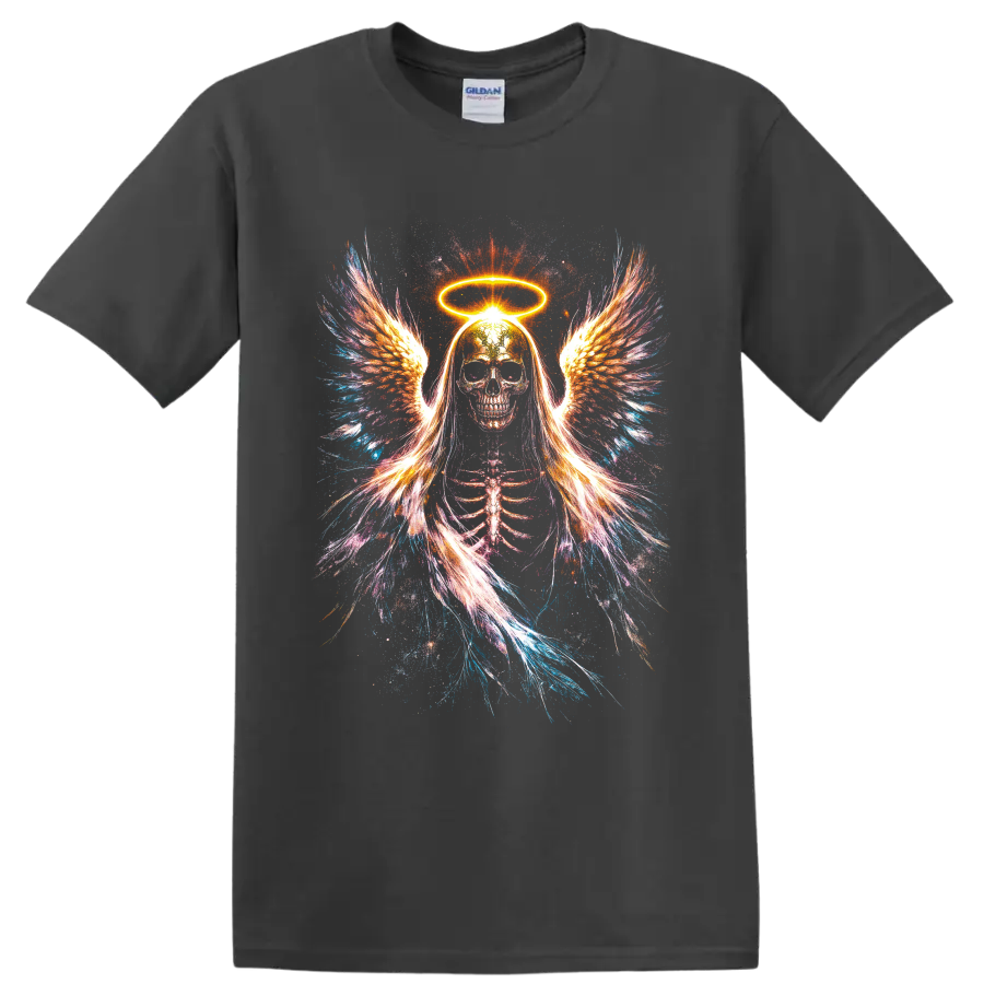 Neon angel skeleton with glowing halo, feathered wings, and splatter art on a Charcoal T Shirt