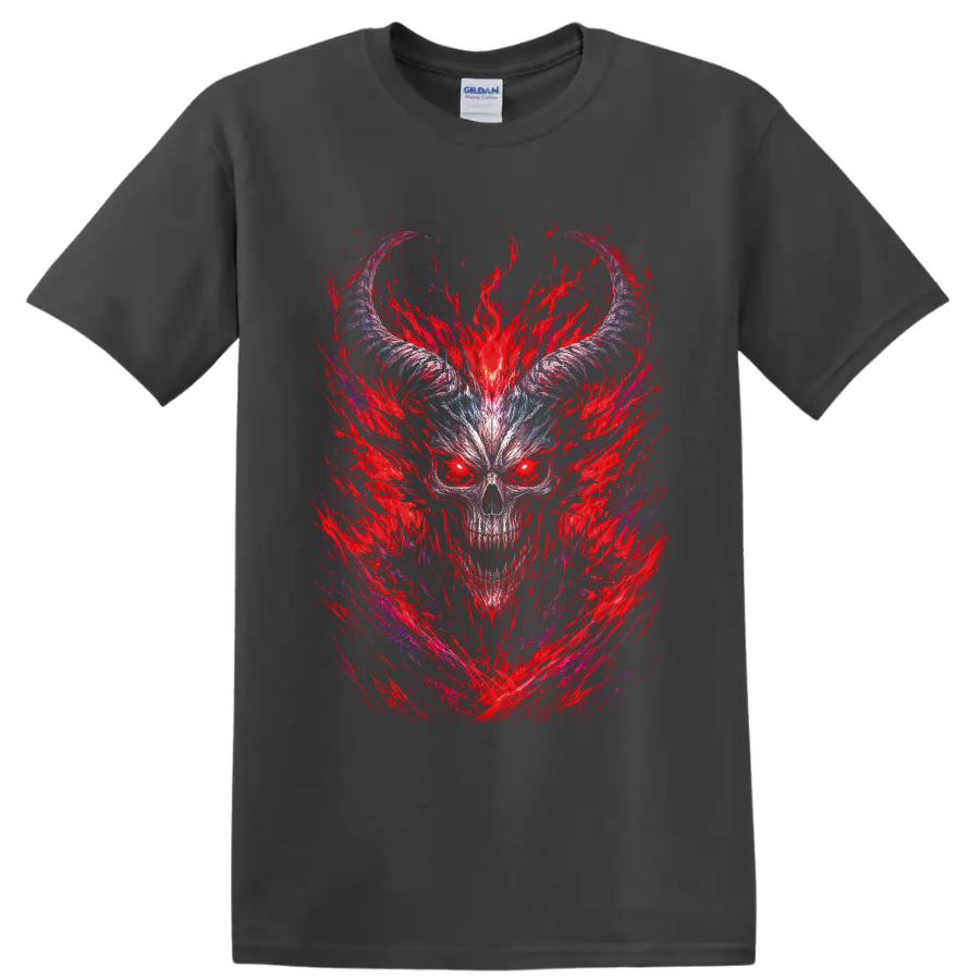 Horned demonic skull with crimson flame strokes and icy blue gothic linework on a Charcoal T Shirt