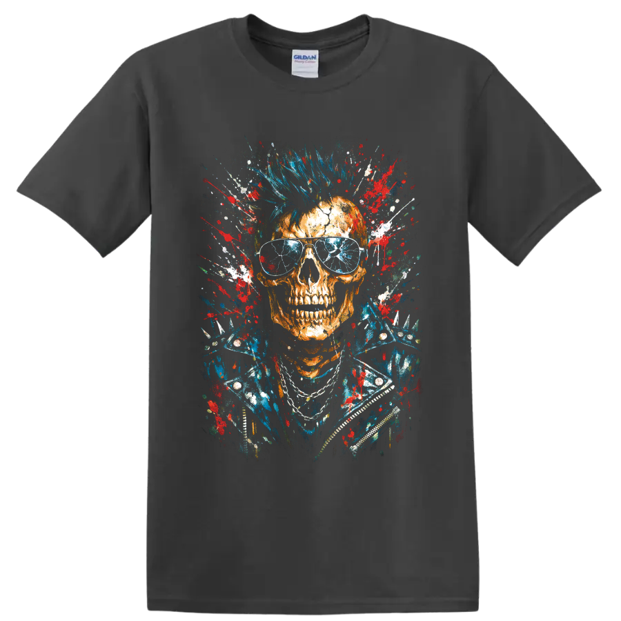 Punk skull with blue mohawk, aviator sunglasses, studded jacket, and paint splatter on a Charcoal T Shirt