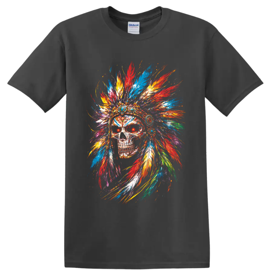 Colorful skull with jeweled feather headdress in vivid painterly splatter art on a Charcoal T Shirt