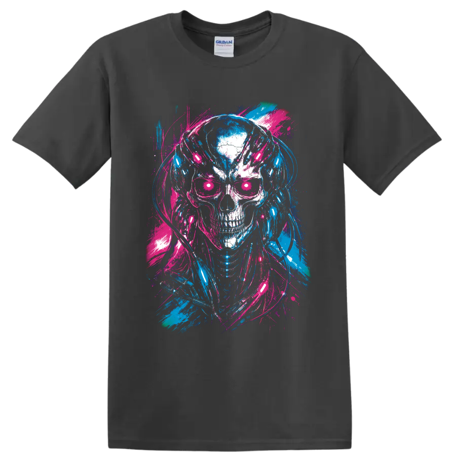 Neon cyberpunk skull wearing headphones in blue and pink distressed paint-splash art on a Charcoal T Shirt