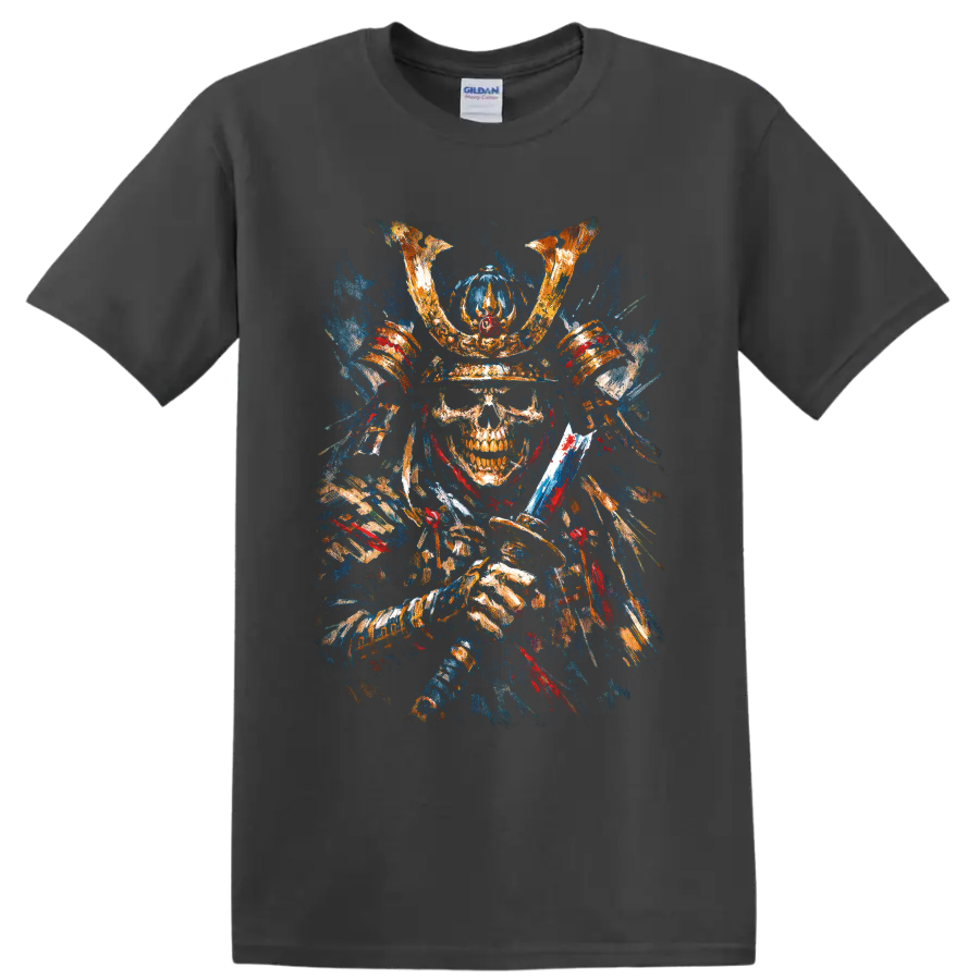 Painterly samurai skeleton in horned armor holding a katana on a Charcoal T Shirt