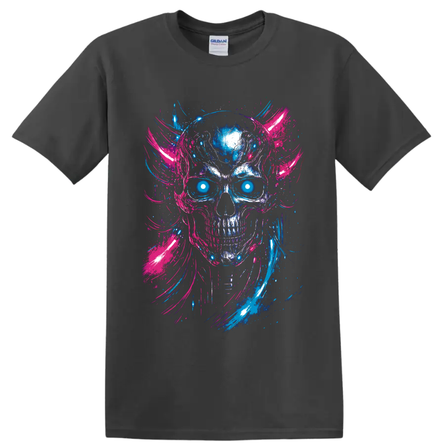 Neon cyberpunk skull with glowing cyan eyes and blue pink paint brushstrokes on a Charcoal T Shirt