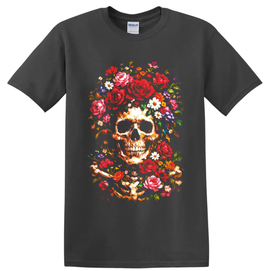 Painterly ivory skull surrounded by red roses, colorful wildflowers, and golden stems on a Charcoal T Shirt