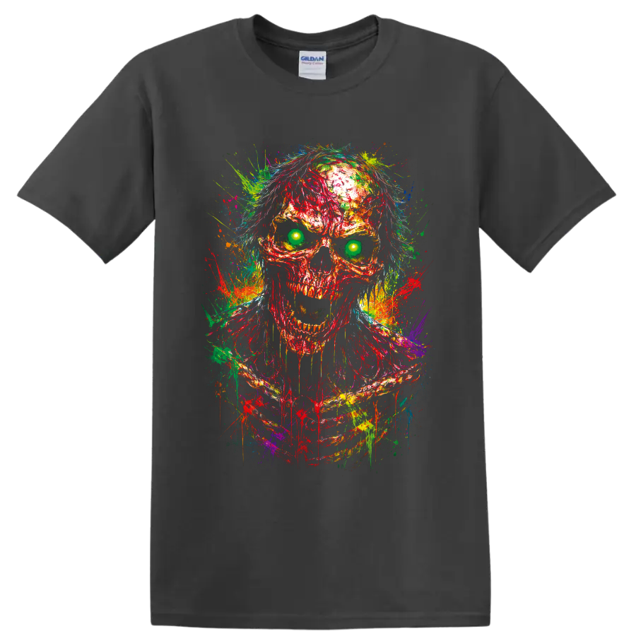 Neon zombie skull illustration with glowing green eyes and multicolor paint splatters on a Charcoal T Shirt