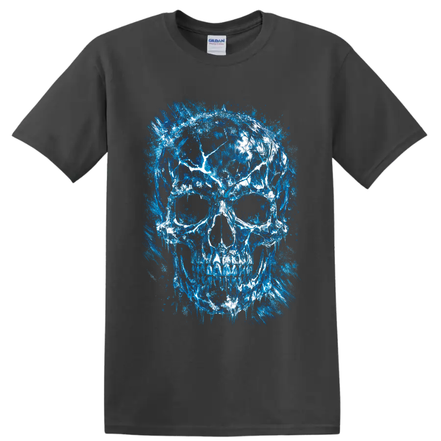 Distressed blue and white skull illustration with painterly grunge splatter texture on a Charcoal T Shirt