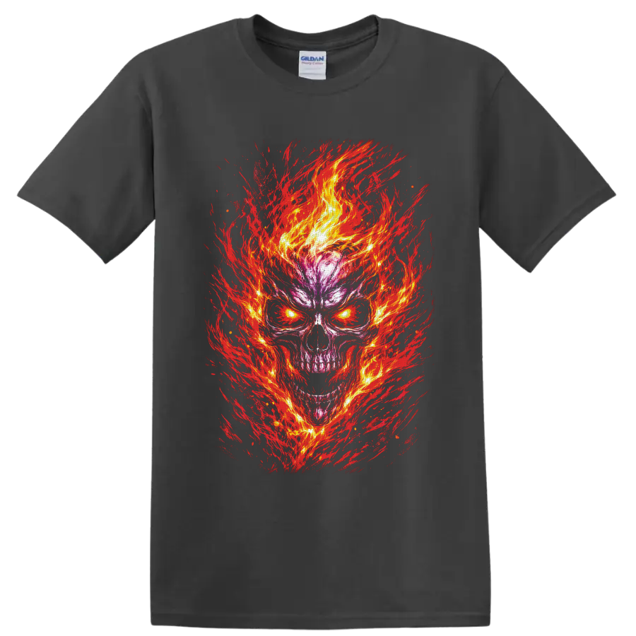 Flaming skull illustration with glowing yellow eyes and fiery red brushstrokes on a Charcoal T Shirt