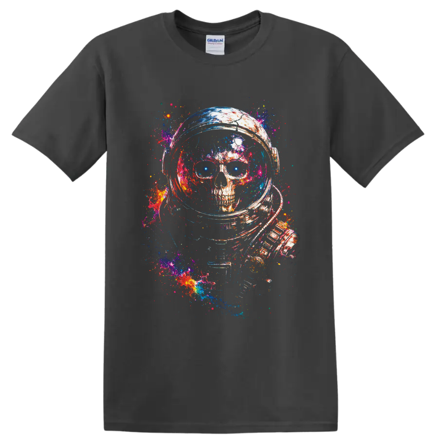 Astronaut skull in a space helmet with vivid galaxy paint-splatter art on a Charcoal T Shirt