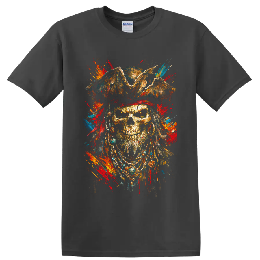 Gothic pirate skull in a weathered hat with colorful distressed paint splatters on a Charcoal T Shirt