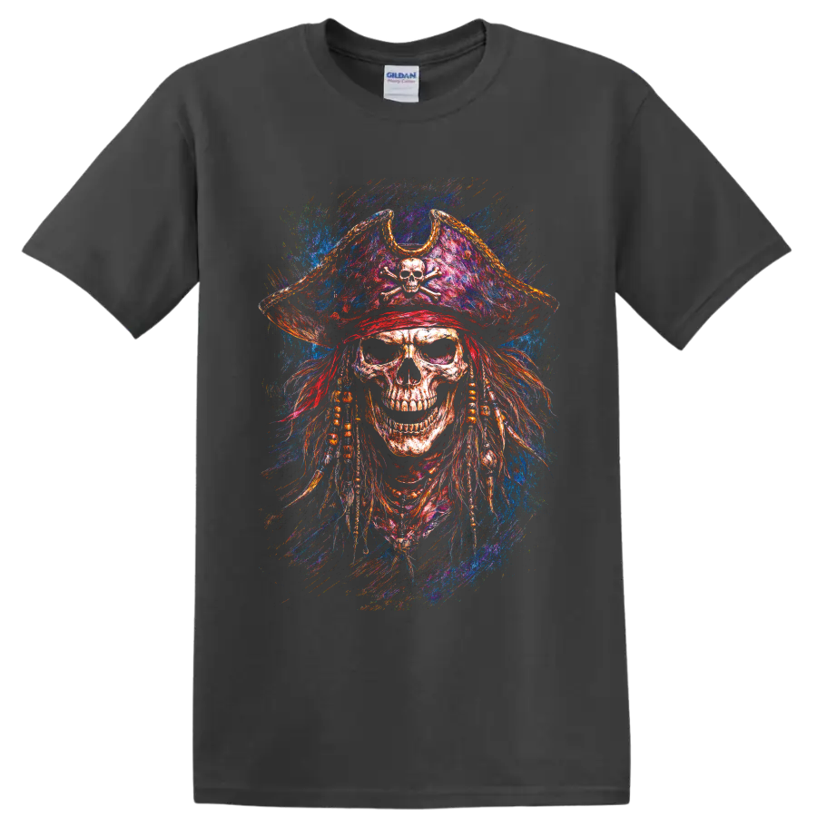 Colorful pirate skull with crossbones tricorn hat and vivid paint-splash gothic art on a Charcoal T Shirt