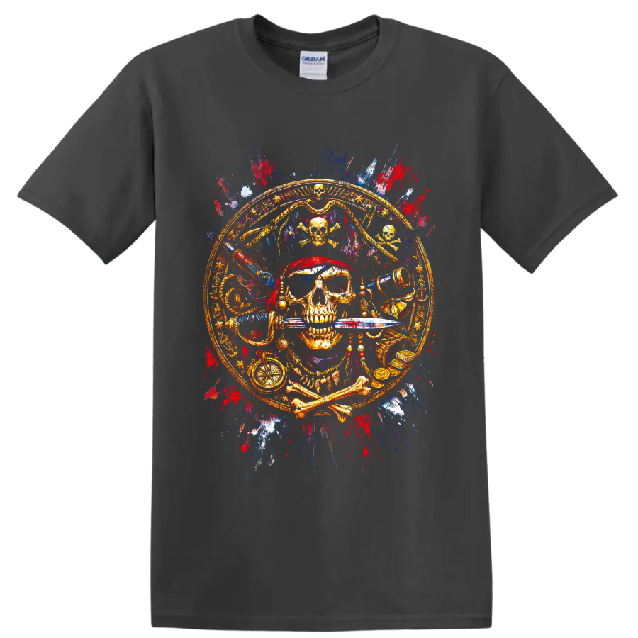 Ornate pirate skull with sword, compass, telescope and treasure in paint-splatter art on a Charcoal T Shirt