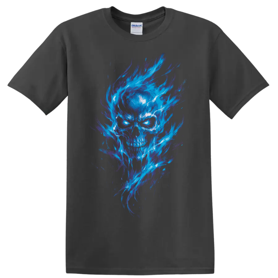Gothic skull illustration with glowing cyan eyes and sweeping blue-purple flames on a Charcoal T Shirt