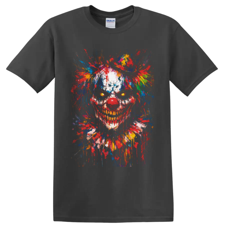 Skull clown portrait with glowing eyes and vivid multicolor paint splatters on a Charcoal T Shirt