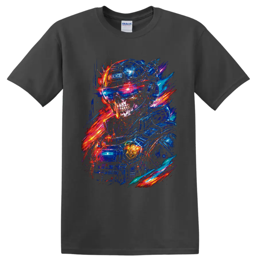 Neon cyberpunk police skull in tactical helmet and visor with electric light trails on a Charcoal T Shirt