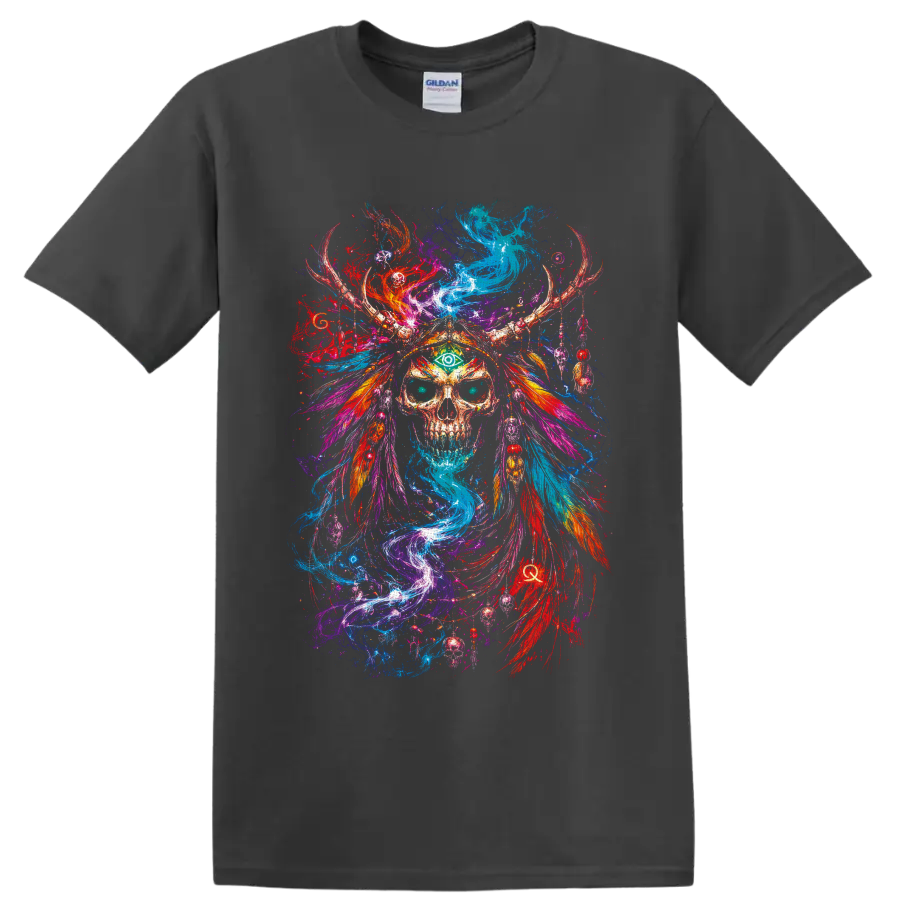 Psychedelic skull with green third eye, antler headdress, feathers, and swirling color on a Charcoal T Shirt
