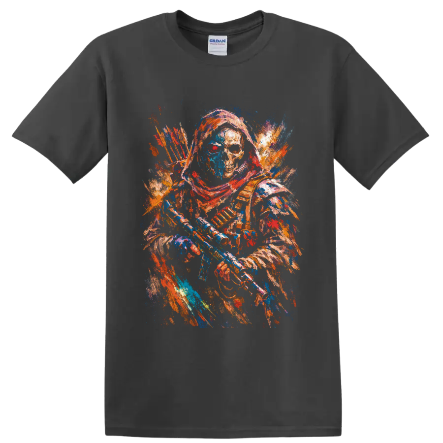 Colorful paint-splatter skeleton archer with bow, arrows, and gothic fantasy details on a Charcoal T Shirt