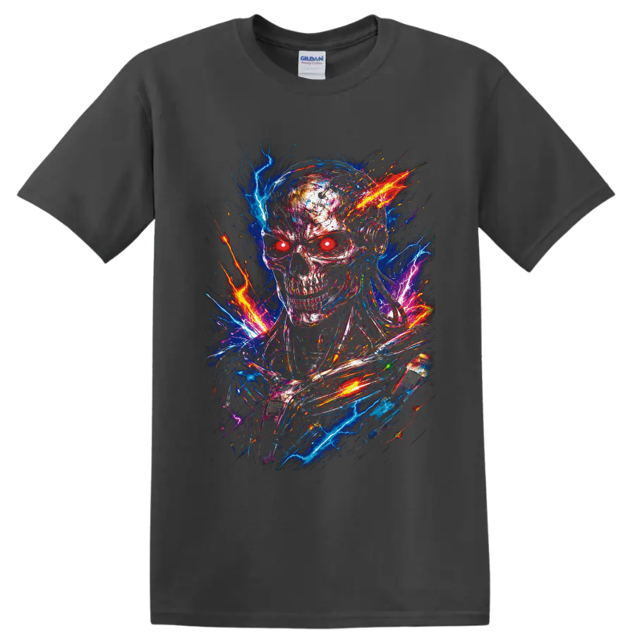 Cyberpunk robot skull with red eyes, neon lightning, fiery sparks, and glitch art on a Charcoal T Shirt