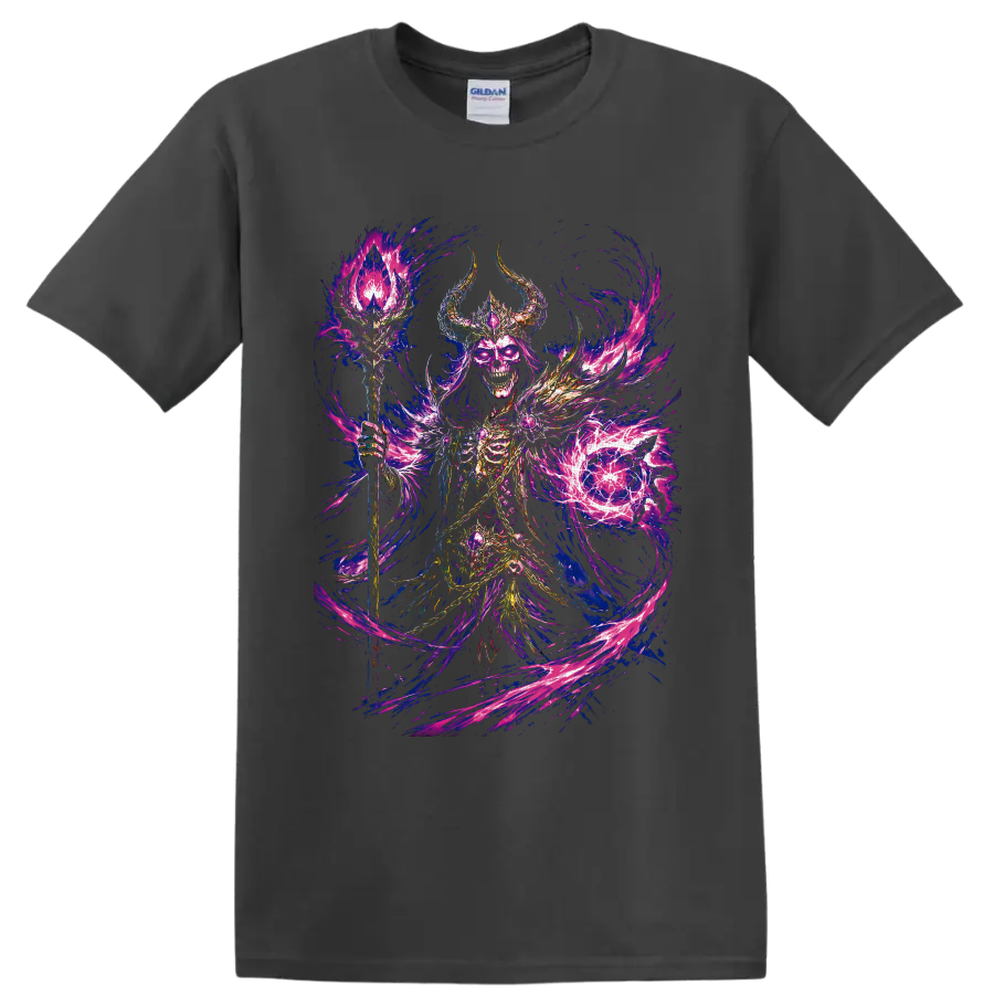 Skeletal necromancer with horned armor, crystal staff, and swirling purple flames on a Charcoal T Shirt
