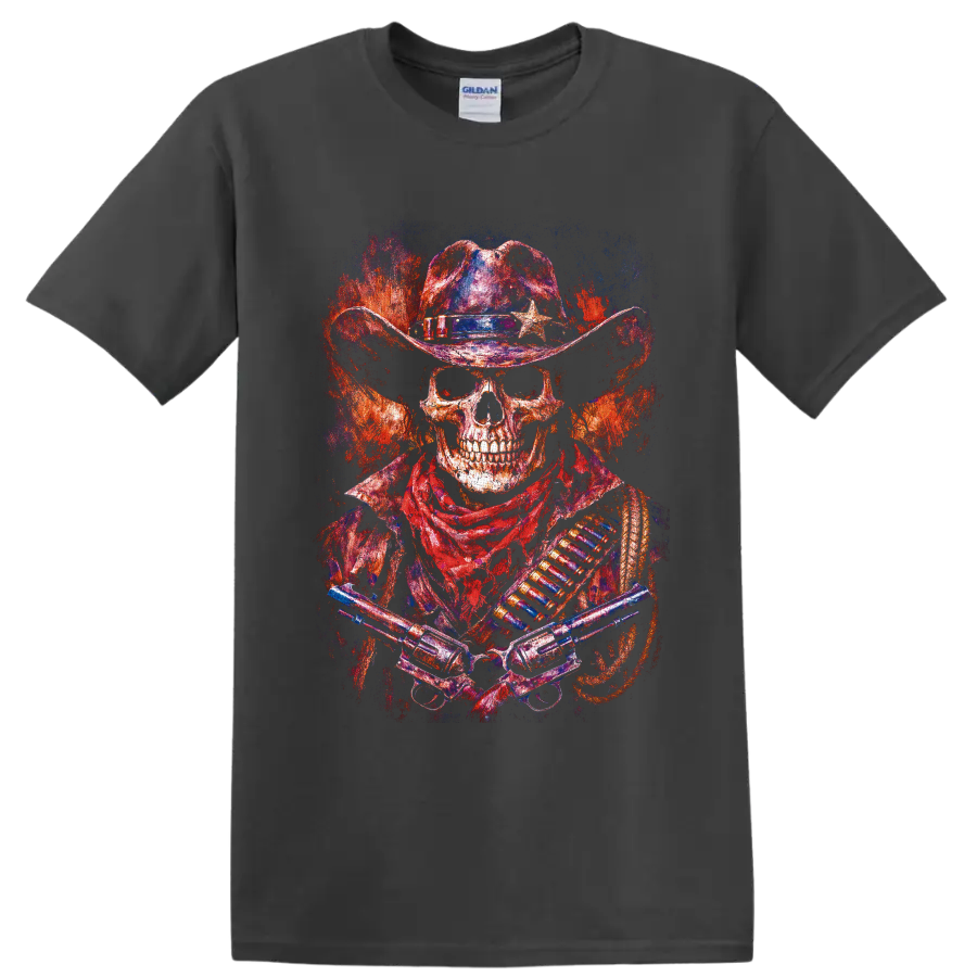 Distressed skeleton cowboy gunslinger with star hat, crossed revolvers, and fiery on a Charcoal T Shirt