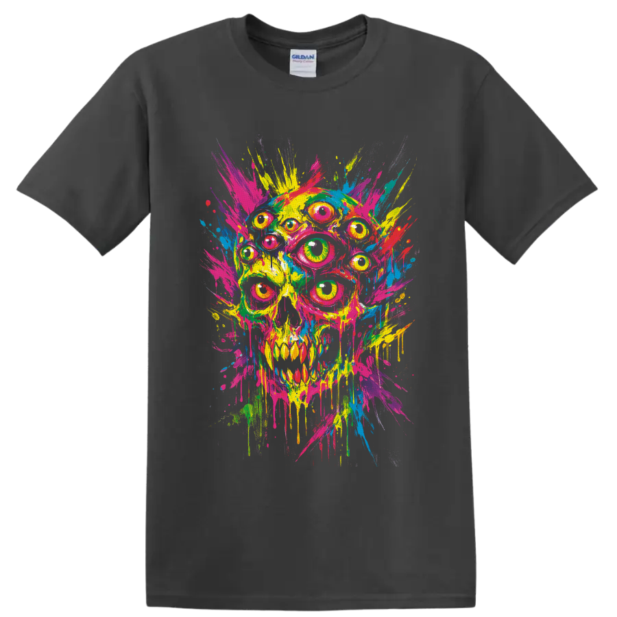 Psychedelic multi-eyed skull in neon paint splash and dripping street art style on a Charcoal T Shirt