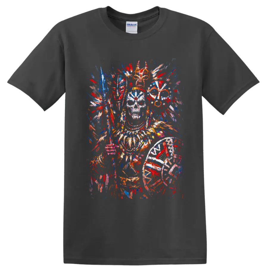 Colorful skull with ornate feathered headpiece, masks, spear, and shield in paint on a Charcoal T Shirt
