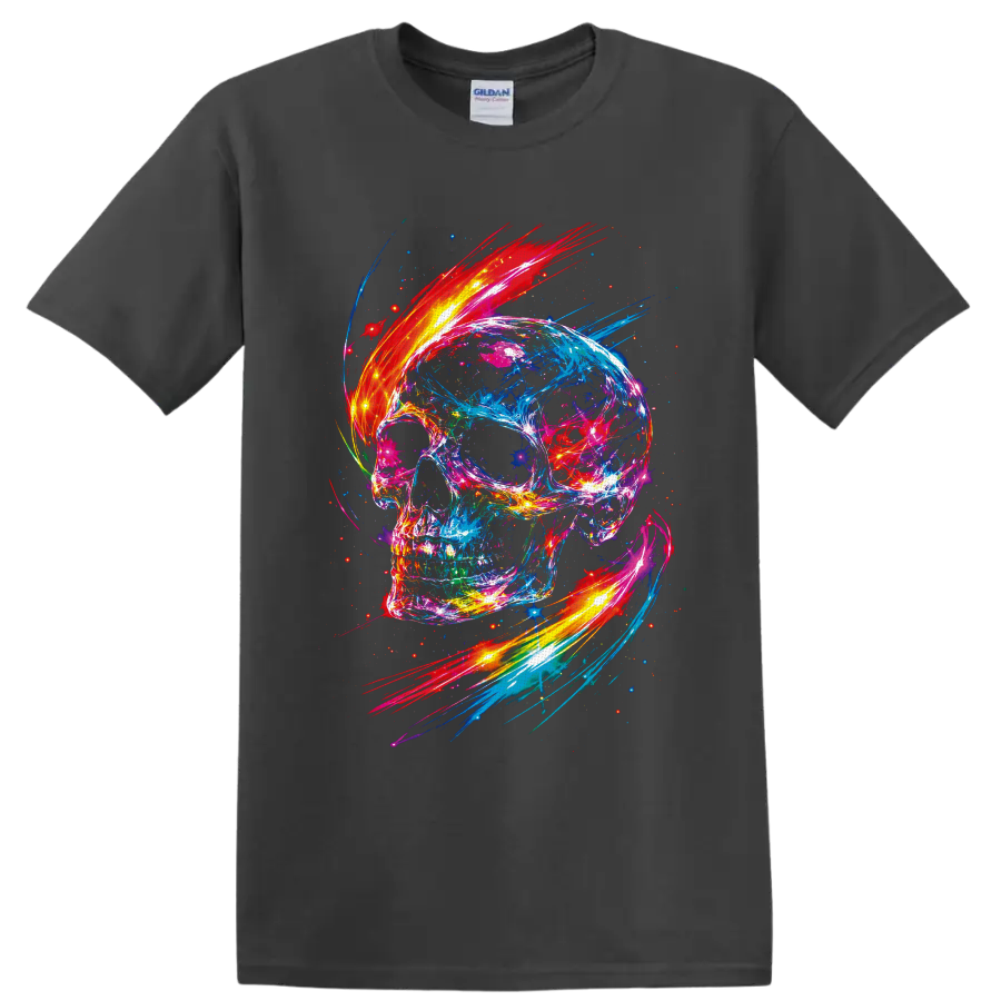 Neon abstract skull with colorful paint splashes, glowing streaks, and scattered sparks on a Charcoal T Shirt