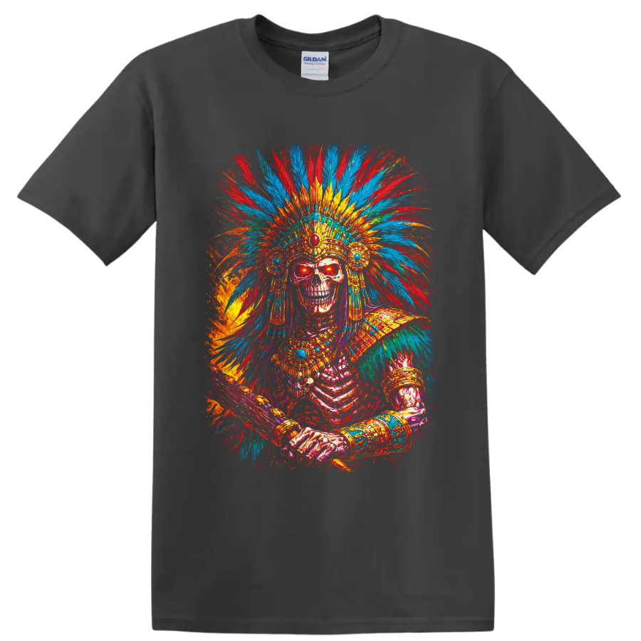 Colorful gothic skeleton with ornate feather headdress and jeweled paint-splash art on a Charcoal T Shirt