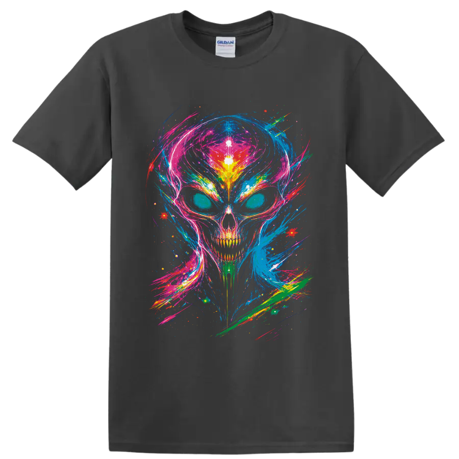 Psychedelic neon skull with cosmic paint splashes and glowing abstract bursts on a Charcoal T Shirt